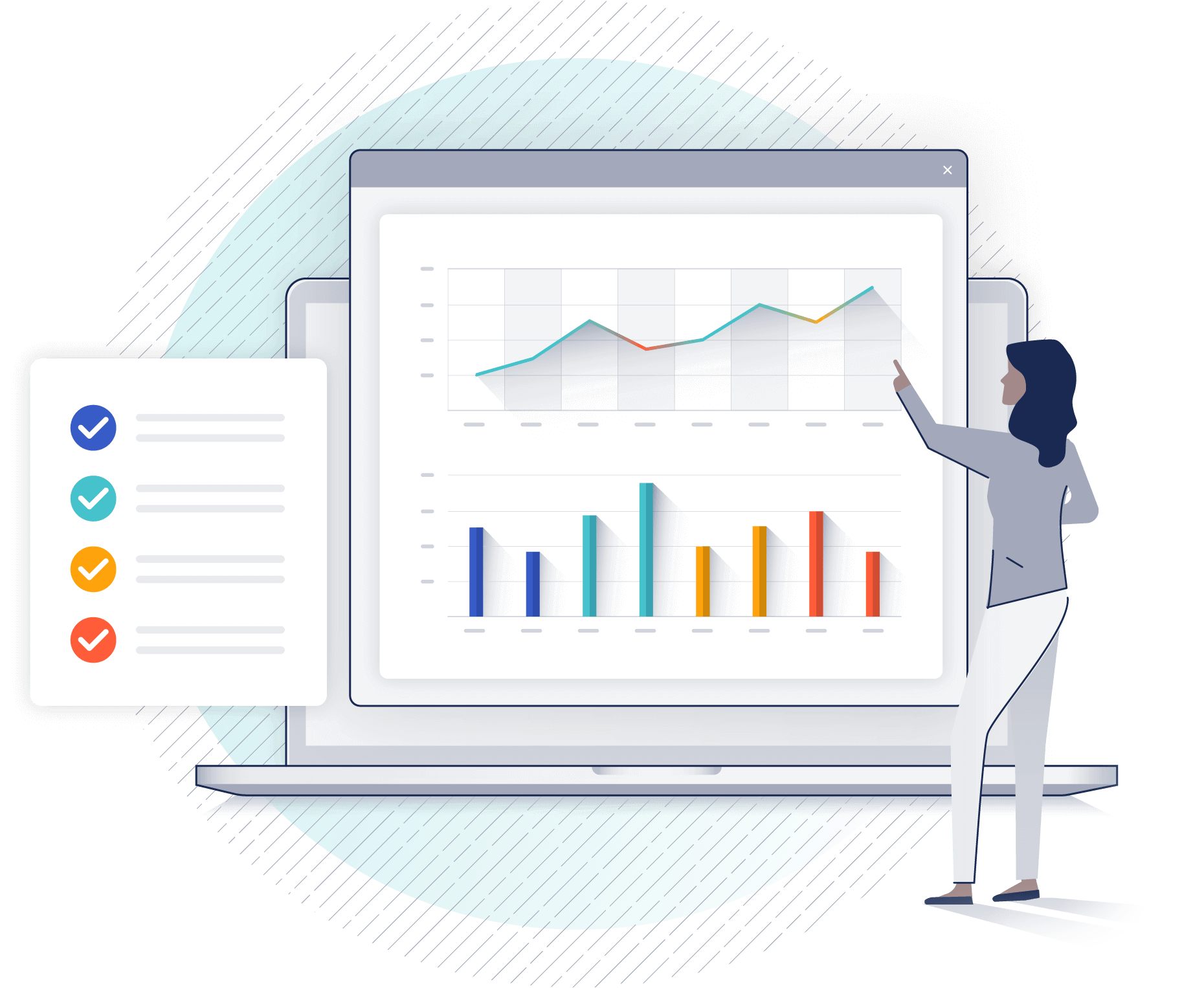 illustrated woman in front of data charts