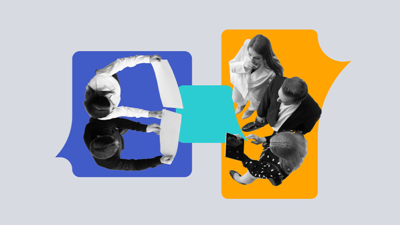 Collage imagery of professionals in conversation from a top-down view