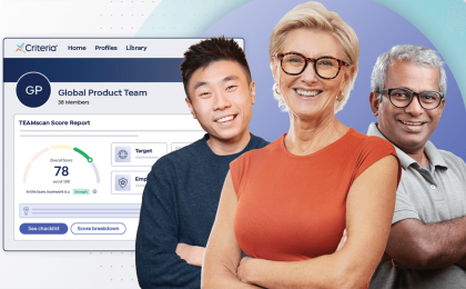 Three people representing different types of stakeholders happy and benefiting from using Criteria's post-hire employee development platform