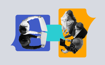 Collage imagery of professionals in conversation from a top-down view