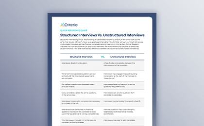 One page from the Criteria Quick Reference Guide: Table Comparing Structured Interviews Vs. Unstructured Interviews